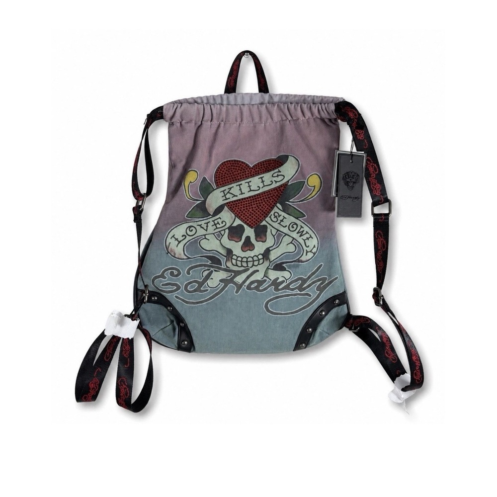 Ed Hardy Love Kills Slowly Drawstring Backpack Book Bag NWT Skull Heart Tattoo